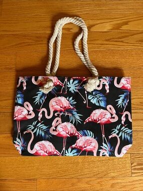Women’s Black Flamingo Print Tote Bag with Rope Handles NWT